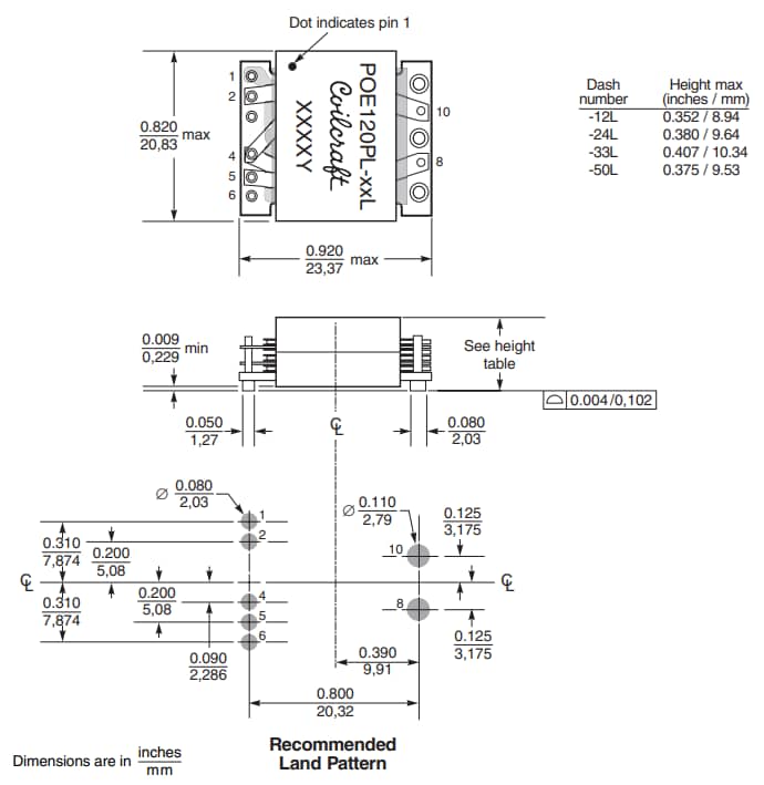 Technische Zeichnung - Coilcraft PoE120PL 120-W-Planartransformatoren